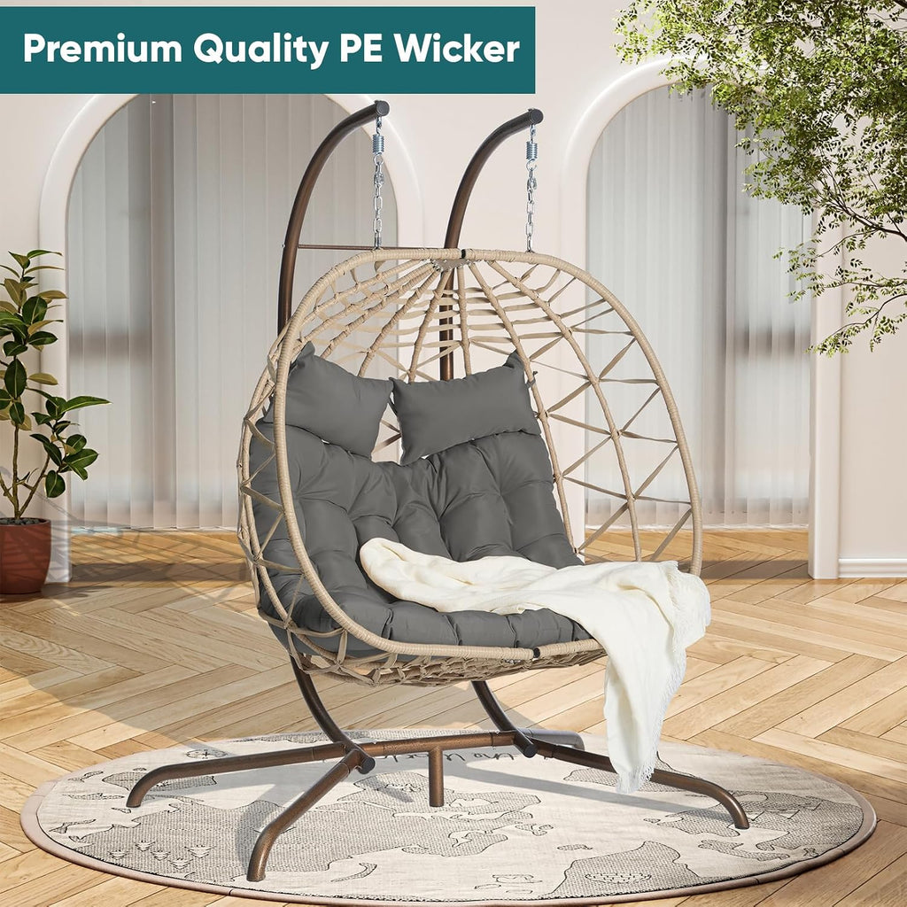 JOYBASE Double Swing Egg Chair with Stand, 2-Person Hanging Egg Chair Wicker Rattan Oversized Swinging Chair for Outdoor Indoor Garden Patio (Dark Grey Cushion and Beige Rattan)