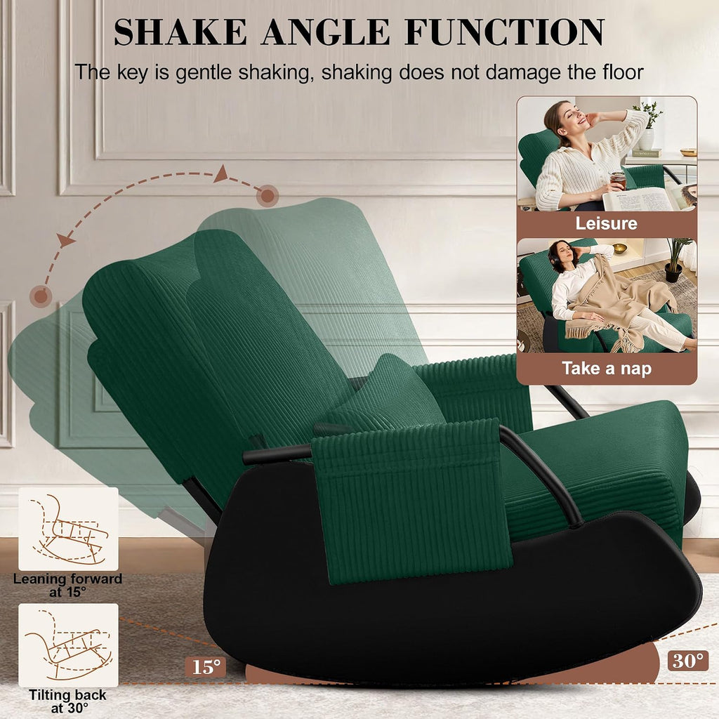 FelixKing Rocking Chair Nursery, Low-Seat Glider Chair, Upholstered Rocking Chair with Side Pocket and Foot Rest, Comfortable Modern Accent Armchair Recliner for Mom Nursery Living Room Bedroom Green