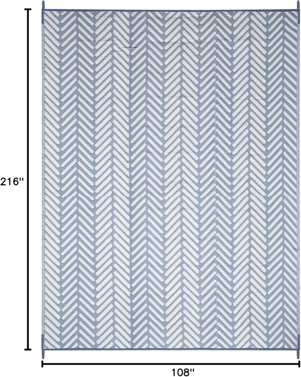 FH Home Outdoor Camping Rug - Waterproof, Fade Resistant, Reversible - Premium Recycled Plastic - Herringbone - Large Patio, Deck, Sunroom, RV - Fresno - Light Blue - 9 x 18 ft Foldable