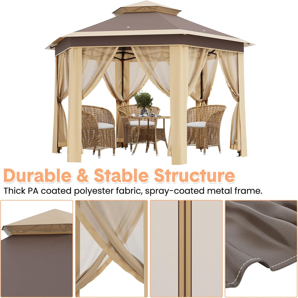 13x13FT Pop Up Gazebo Screen Tent,Hexagonal Instant Gazebo Tent with Mosquito Netting Outdoor Canopy,6 Sided Sun Shelter with Mesh Netting,Pavilion Tents for Lawn, Garden, Backyard & Patio Furniture