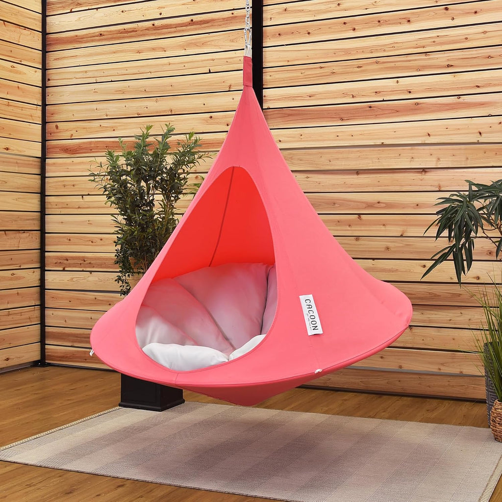 Single Cacoon Hanging Chair – Cozy Indoor/Outdoor Hammock with Polyester Canvas, 440 lb Capacity, Includes 18ft Rope & Carabiner (Coral Rose)