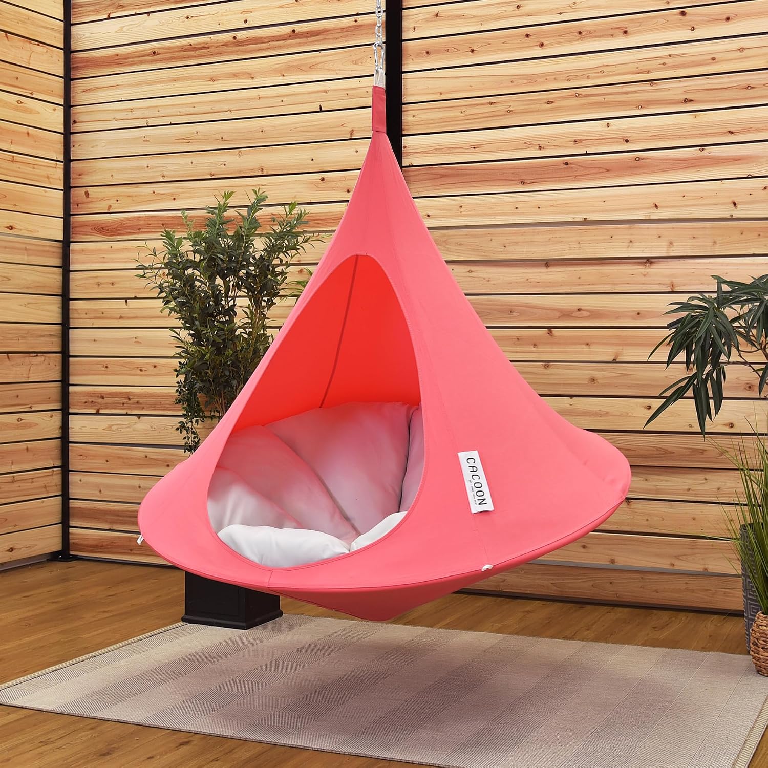 Single Cacoon Hanging Chair – Cozy Indoor/Outdoor Hammock with Polyester Canvas, 440 lb Capacity, Includes 18ft Rope & Carabiner (Coral Rose)