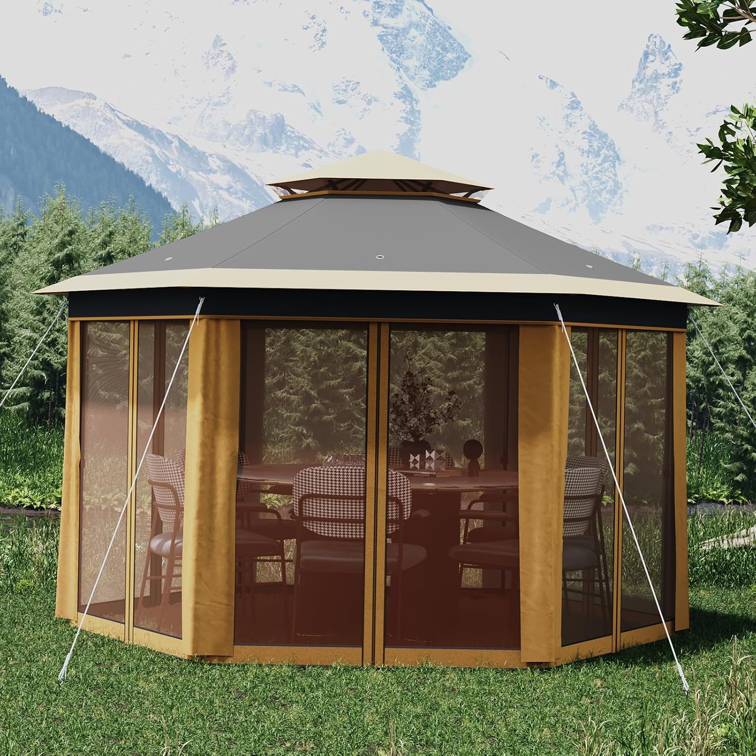 13' x 13' Pop-Up Gazebo Canopy Tent with Zippered Mesh Sidewalls and Carrying Bag, Event Tent Shelter for Patio Garden Backyard, Khaki and Beige