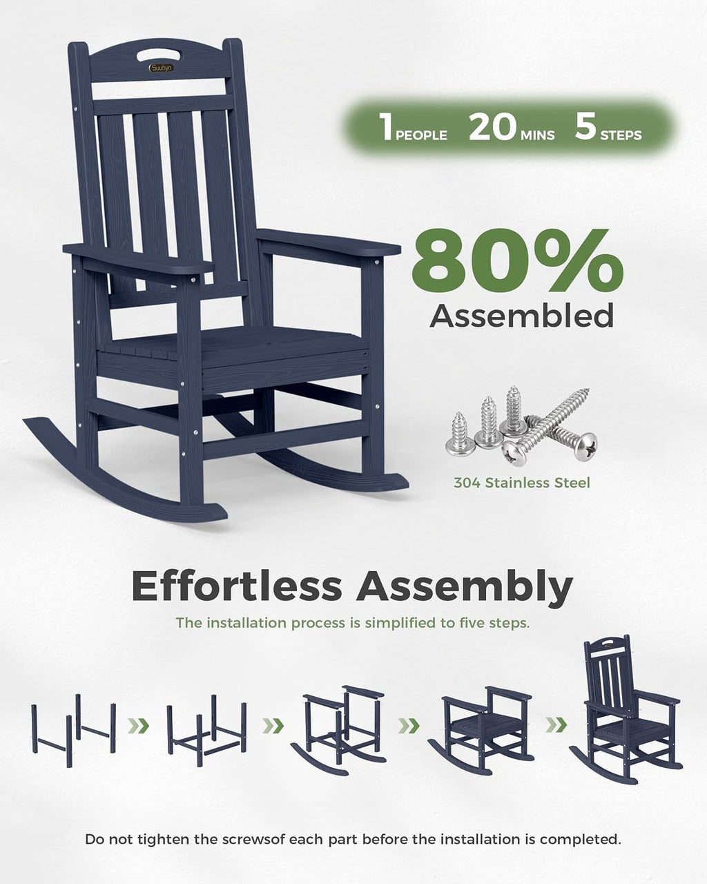 Oversized Outdoor Rocking Chair, High Back Porch Rocker Chair, HDPE All Weather Resistant Rocking Chairs for Patio, 380lbs Weight Capacity, Dark NavyBlue