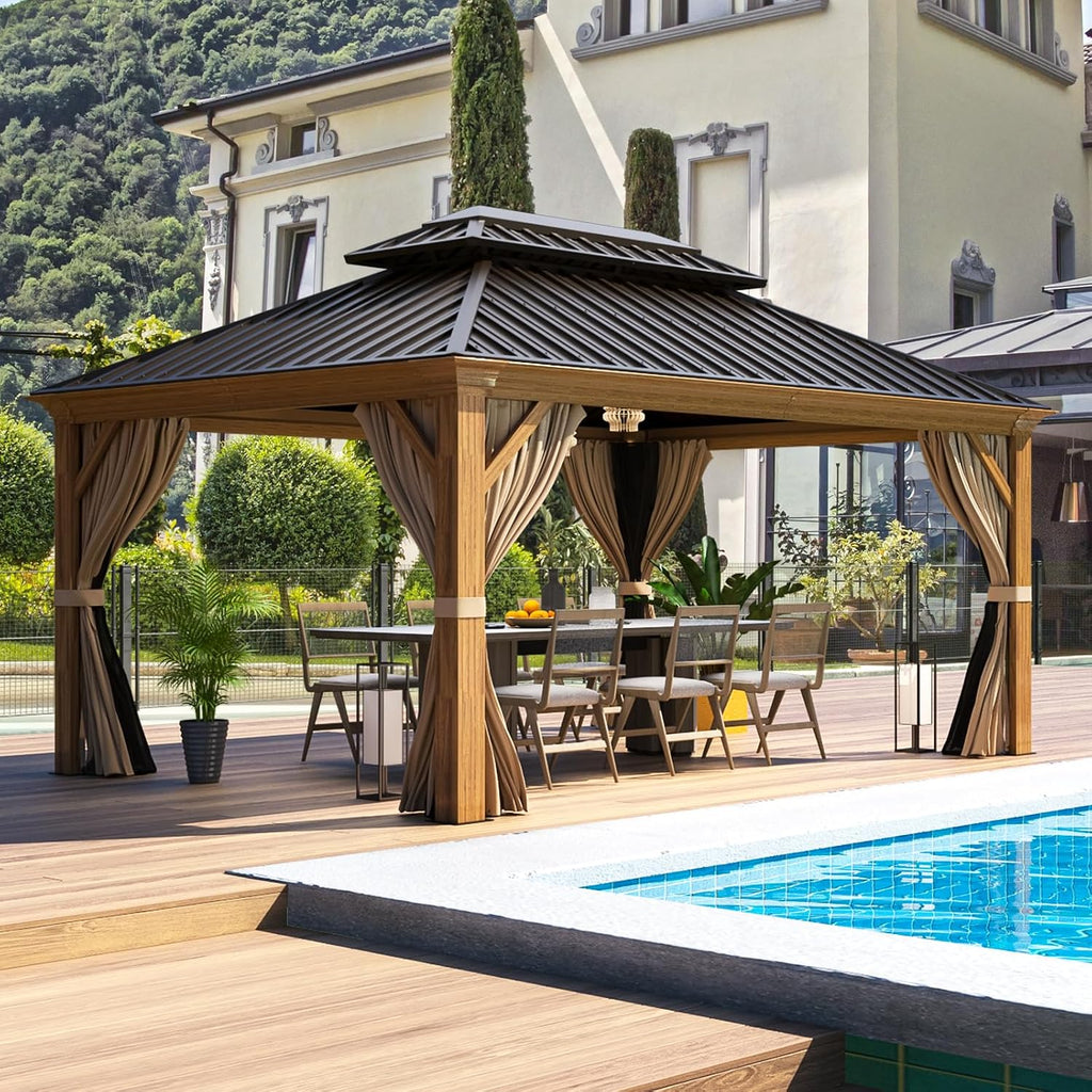 EROMMY 12x14 Gazebo, Wooden Finish Frame Gazebos with Galvanized Steel Roof for Patio & Backyard