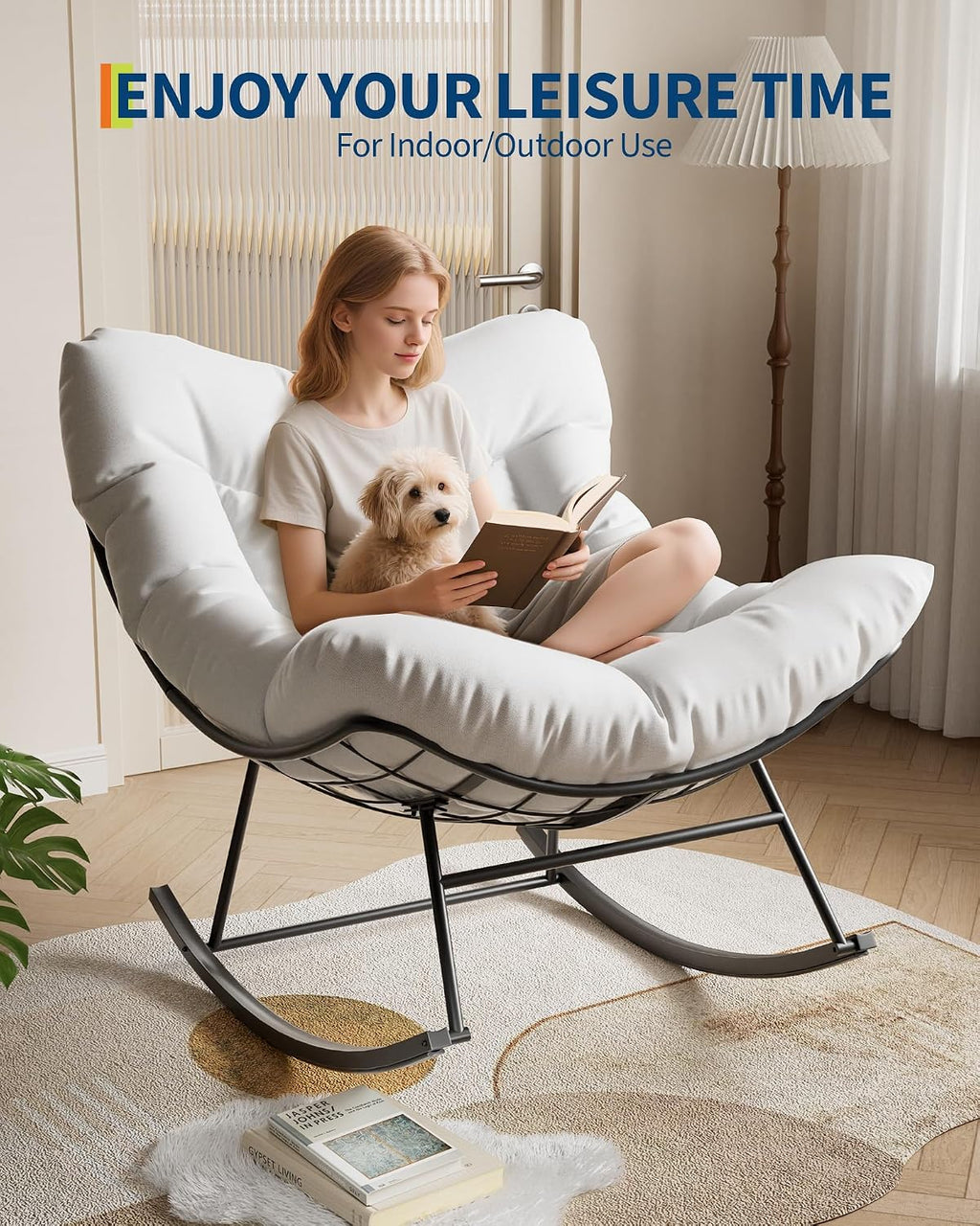 GarveeLife Outdoor Papasan Rocking Chair, Oversized Rocking Chair with Sturdy Metal Frame, Patio Egg Rocker for Balcony Backyard Porch Bedroom, White