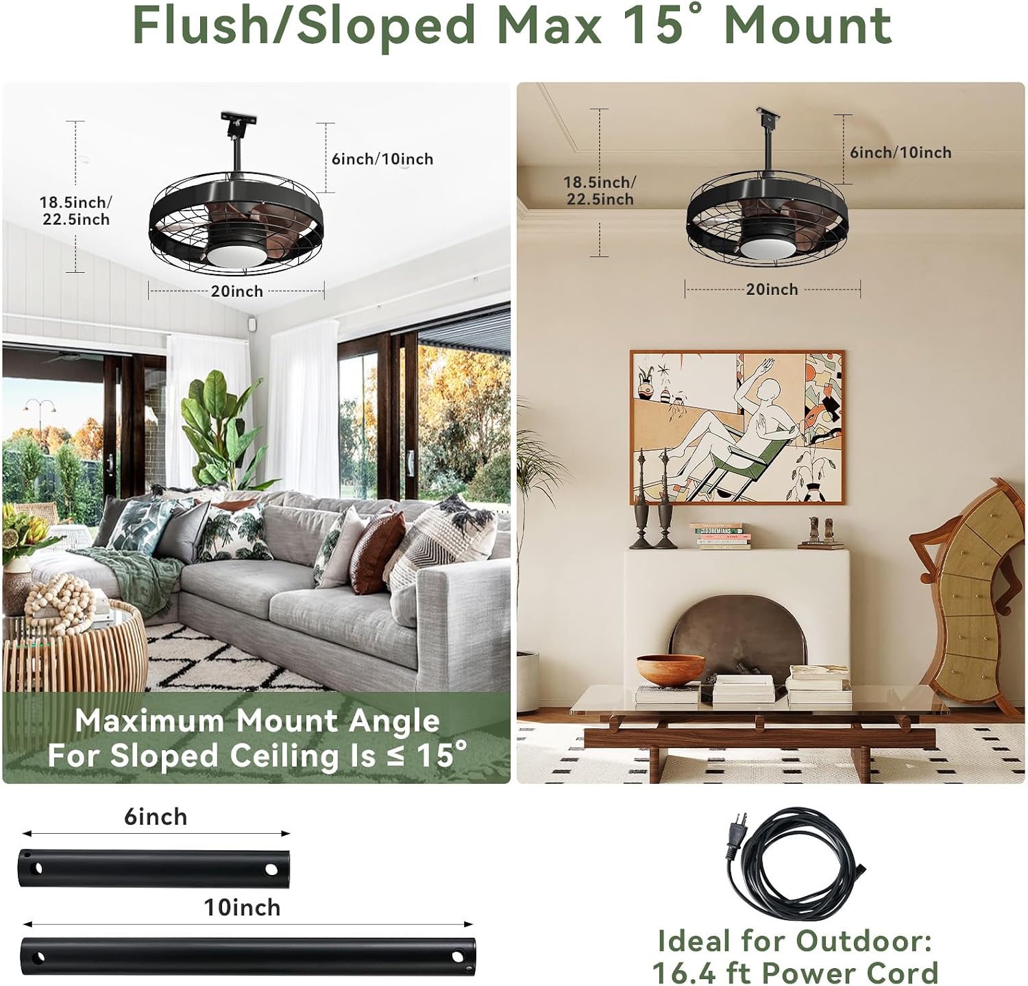 Aoxun 20 Inch Ceiling Fans, Waterproof Outdoor Ceiling Fans with Lights and Remote, LED Dimmable DC Reversible Modern Fandelier with 2 Size Downrods and Hanging Hook for Gazebo, Pergola