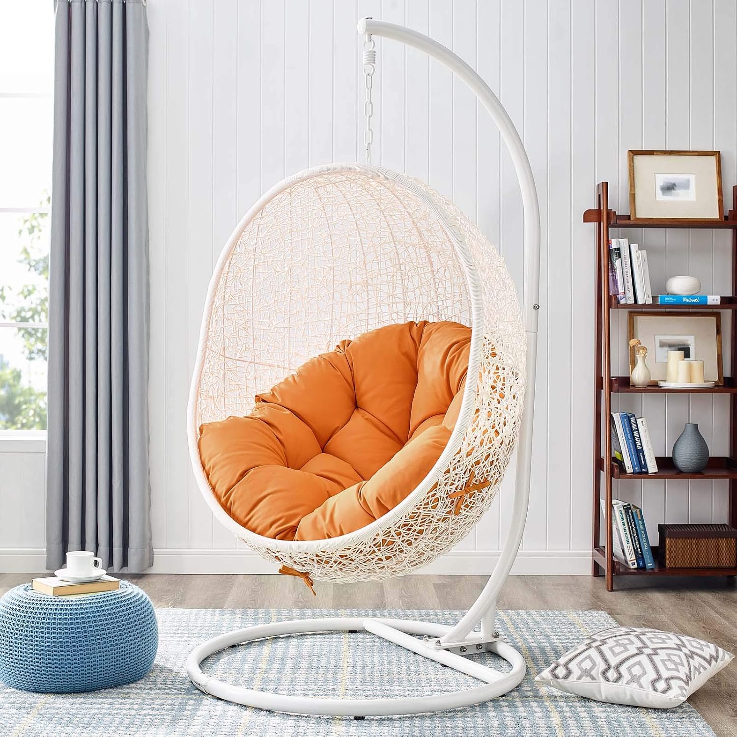 Modway Hide Wicker Rattan Outdoor Patio Porch Lounge Egg Swing Chair Set with Stand in White Orange