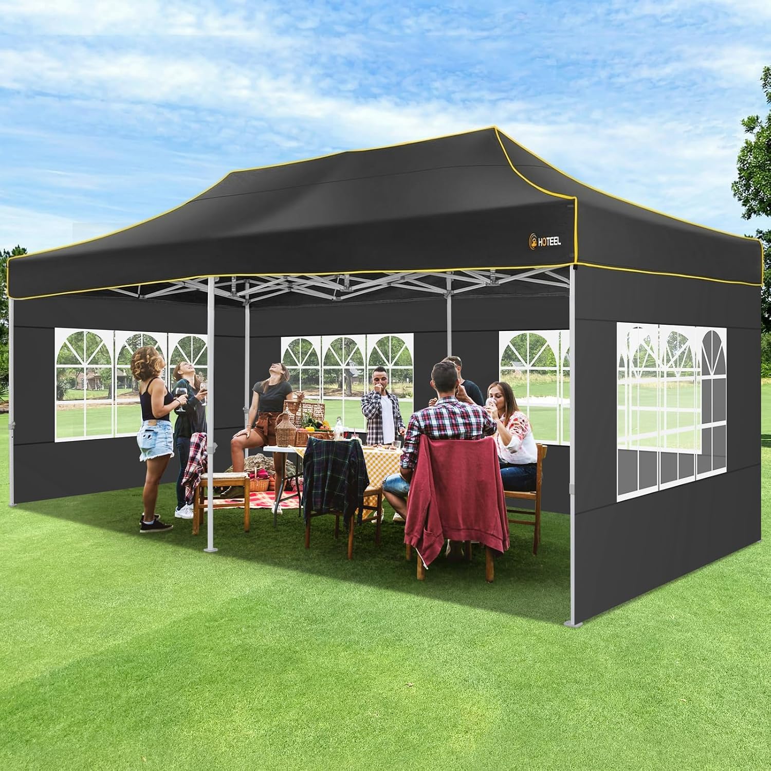 HOTEEL 10x20 Heavy Duty Pop up Canopy Tent with 6 Sidewalls, Easy Setup Outdoor Commercial Instant Tent for Parties Wedding Event, with Roller Bag & Sand Bags, Black(Hexagonal Frame)