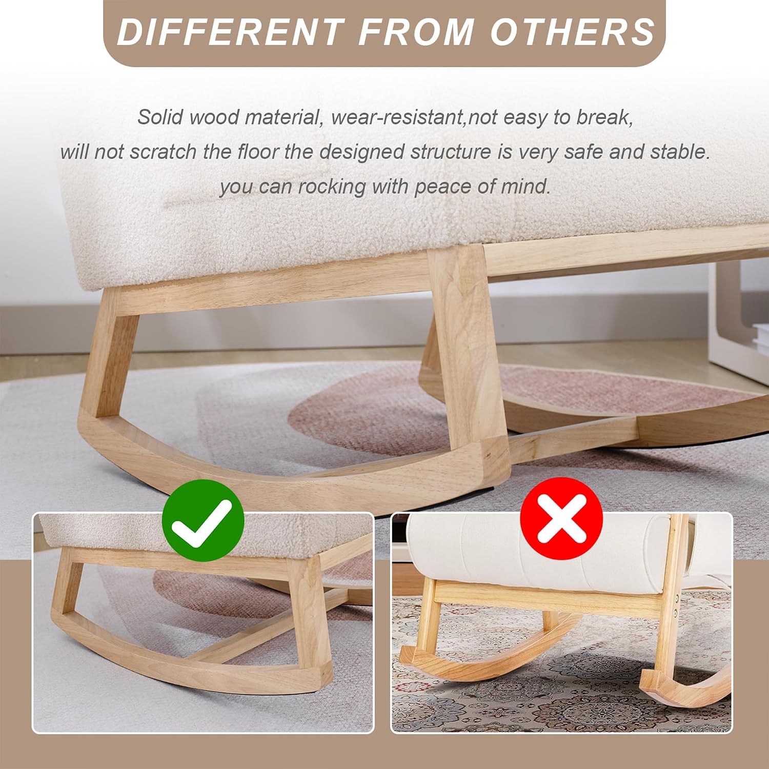 Nursery Rocking Chair with Solid Wood Legs, Glider Chair for Nursery with Side Pocket, Rocker Armchair for Living Room Bedroom (Beige, Teddy)