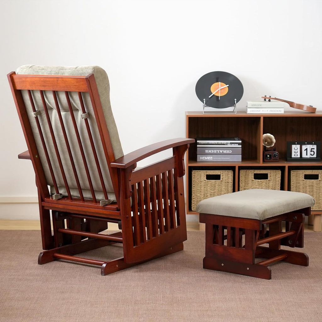 Glider Rocking Chair Nursery with Ottoman Smooth Rocking Motion, Easy to Assemble, Solid Hardwood Base Indoor Adult(Brown)