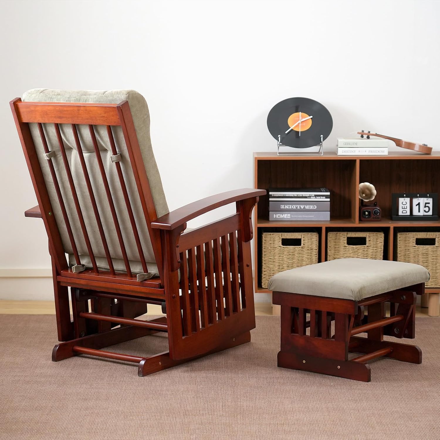 Glider Rocking Chair Nursery with Ottoman Smooth Rocking Motion, Easy to Assemble, Solid Hardwood Base Indoor Adult(Brown)