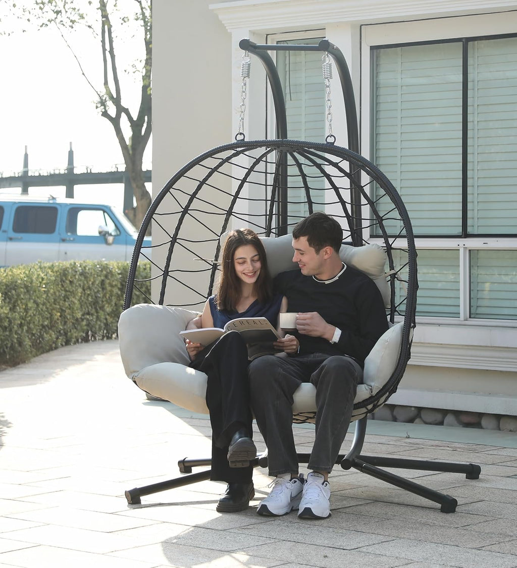 Double Egg Chair with Stand Hammock Swing Chair Foldable Hanging Loveseat, UV Resistant Removable Cushions, 700LBS Capacity for Bedroom, Balcony, Garden(BK-BE)