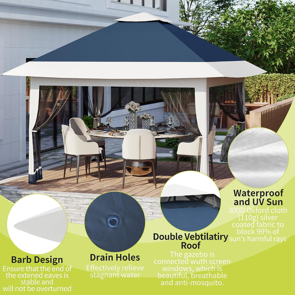 12x12ft Patio Gazebo, Outdoor Canopy with Mesh Walls, Pop Up Gazebo Tent with 4 Ropes 8 Stakes & Portable Carrying Bag, Double Roof, Easy Up Pavilion for Outside Garden, Backyard, Lawn