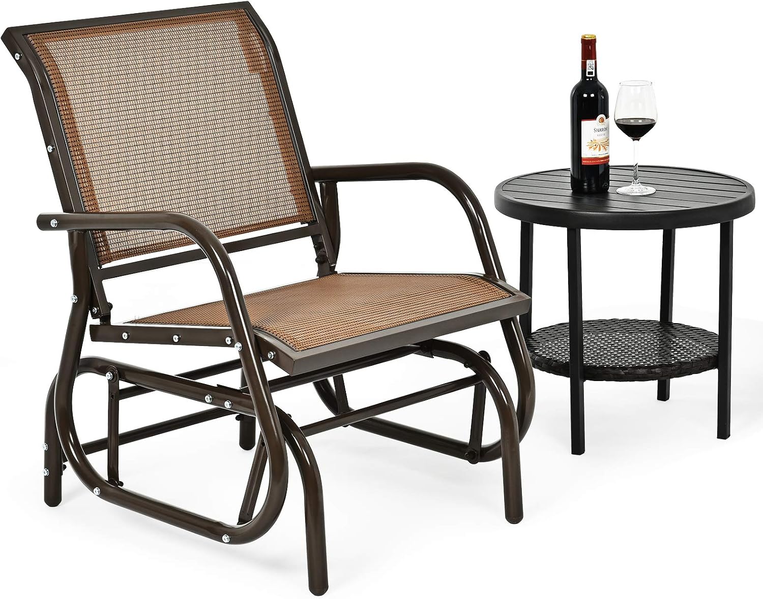 Giantex Swing Glider Chair W/Study Metal Frame Comfortable Patio Chair Love-Seat for Garden, Porch, Backyard, Poolside, Lawn Outdoor Rocking Chair (2, Brown)