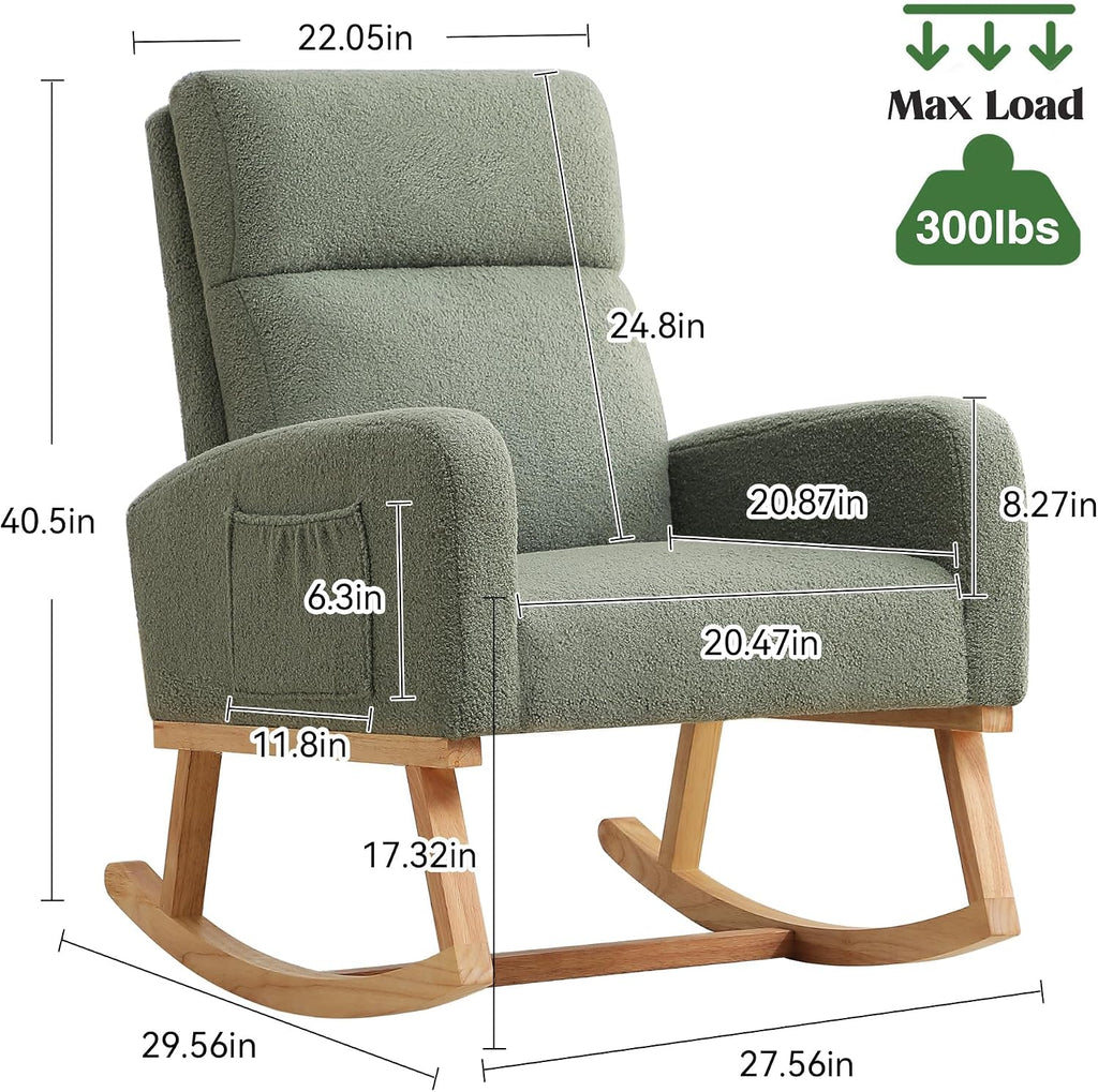 HCHAIRH Rocking Chair Nursery, Boucle Teddy Nursing Rocking Chairs, Upholstered Nursery Glider Rocker for Mom Nursery Morden Accent Rocking Chair with Side Pocket for Living Room,Bedroom, Green