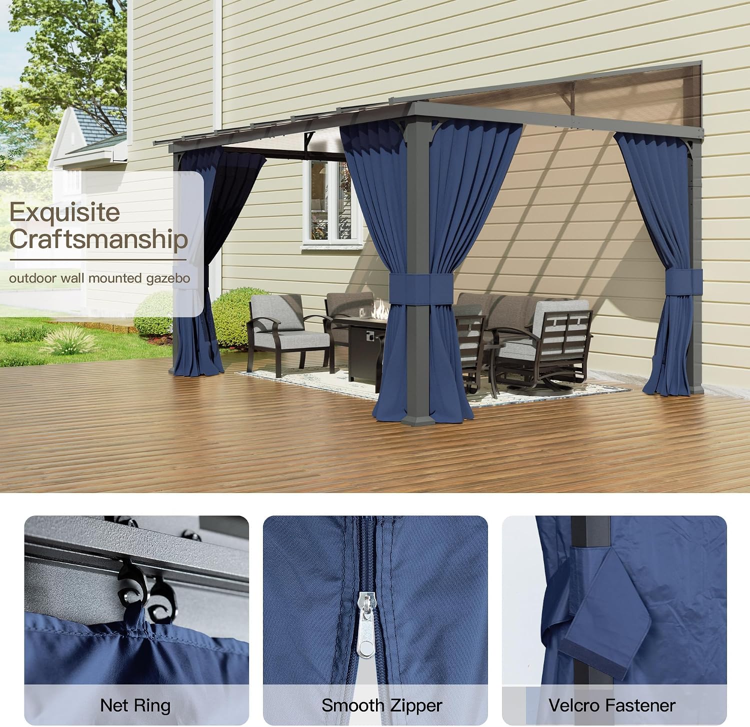 10' x 12' Gazebo for Patio,Wall Mounted Gazebo with Sloping Polycarbonate Roof,Aluminum Frame Outdoor pelgole w/Netting & Curtain for Garden,Deck,Backyard,NavyBlue