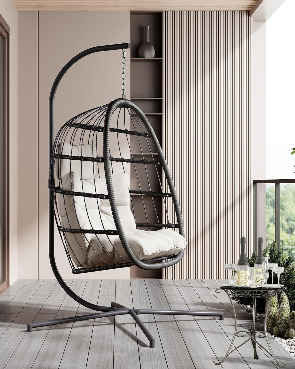 FREDEES Egg Swing Chair with Stand, Outdoor Hanging Egg Chair with Cushion for Patio/Porch/Balcony/Indoor (Beige)