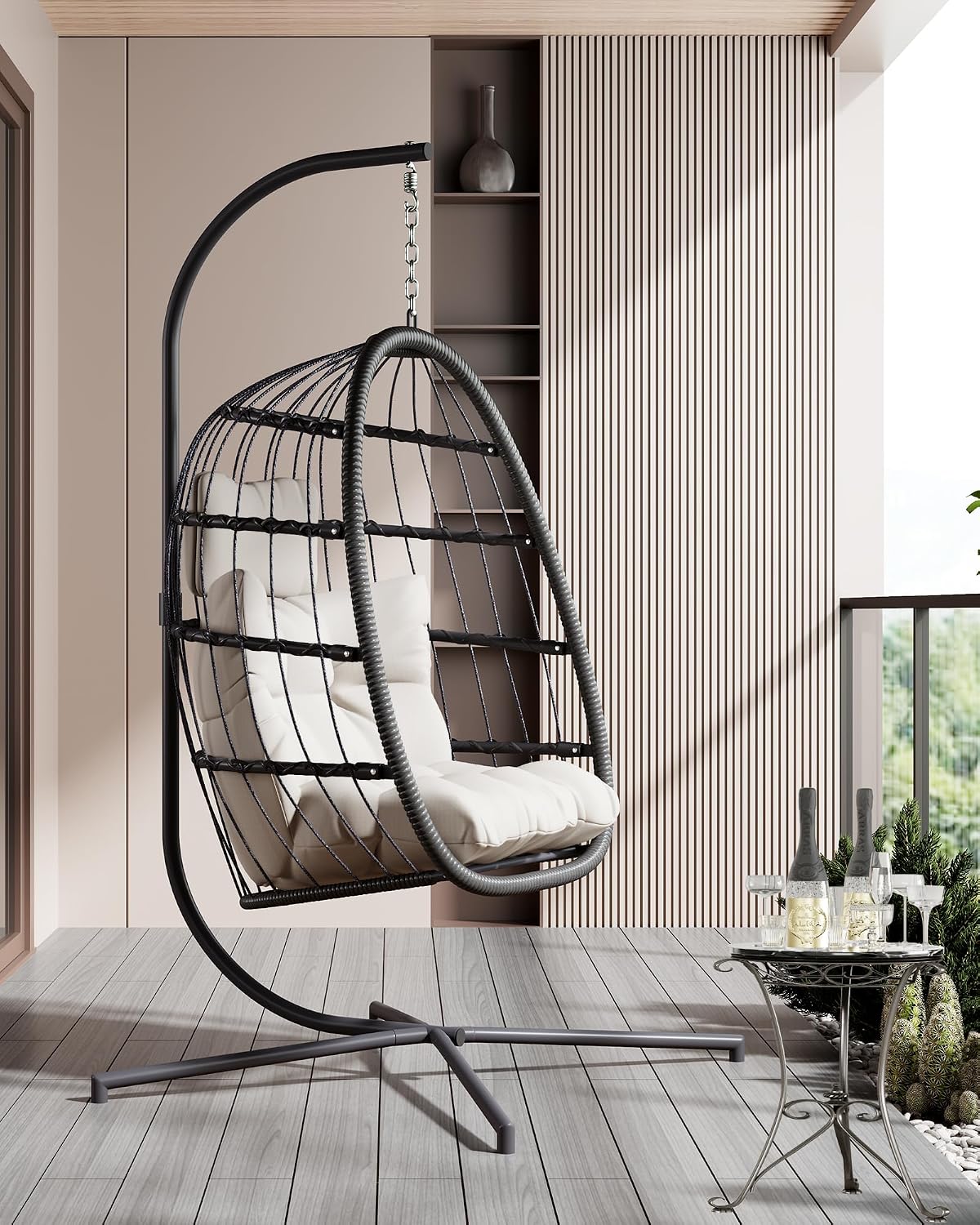 FREDEES Egg Swing Chair with Stand, Outdoor Hanging Egg Chair with Cushion for Patio/Porch/Balcony/Indoor (Beige)