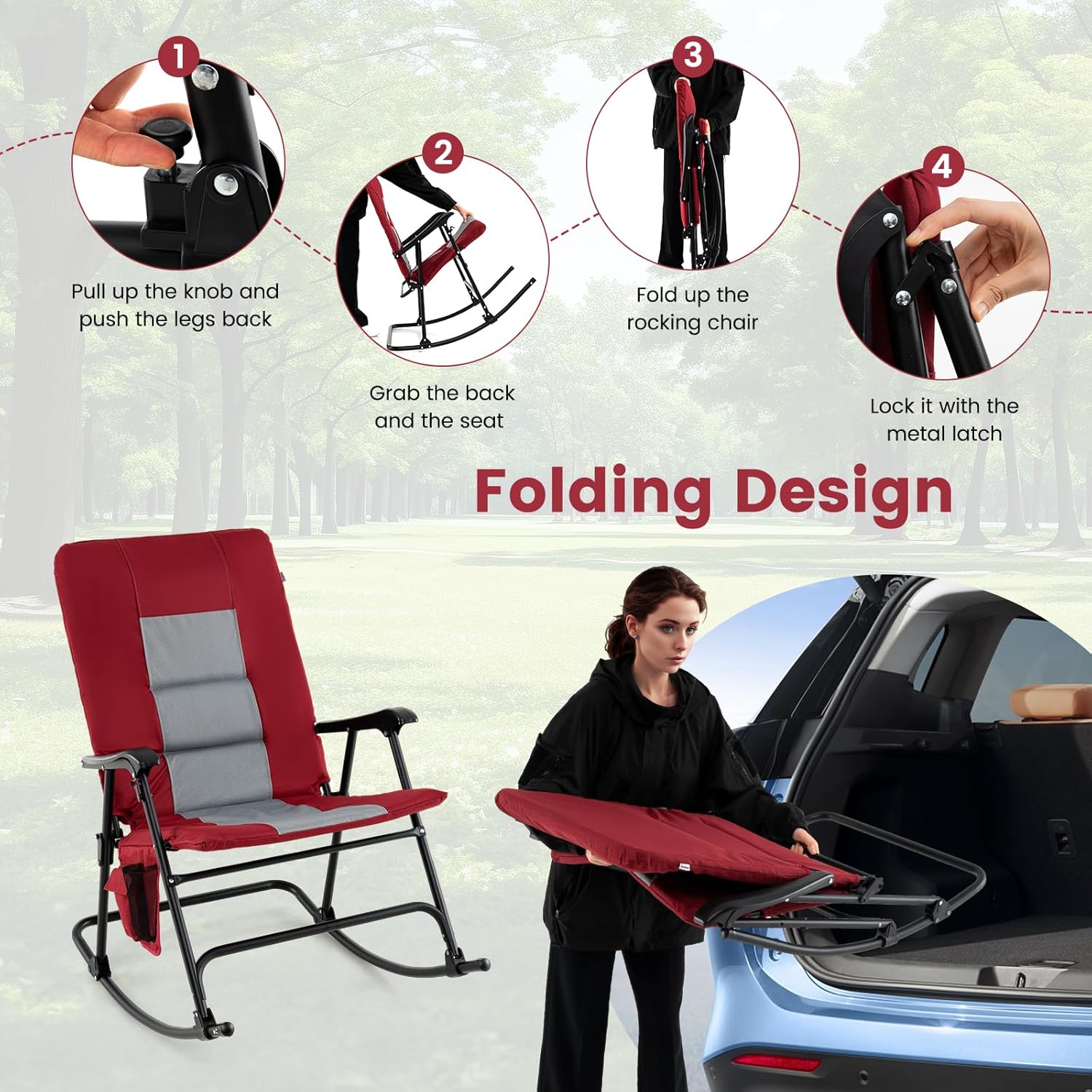 Goplus Oversized Folding Rocking Chair, Padded Patio Lounge Rocker w/Metal Frame, Armrests, Side Pocket, Lightweight Portable Rocking Chair for Backyard Camping Travel, Supports up to 500 lbs(2,Red)