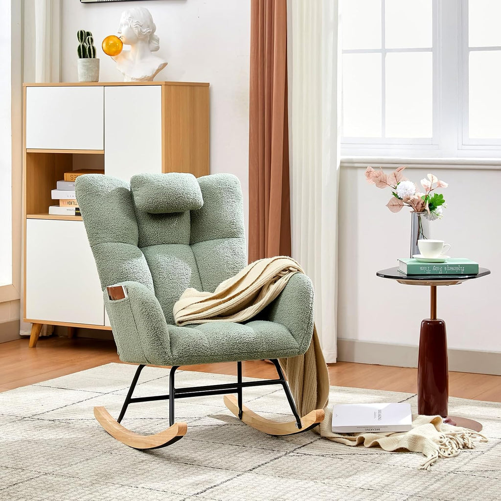 Nursery Rocking Chair,300Lb Glider Chair with Wood Legs/Two Side Pockets,Teddy Upholstered Glider Rocker with Padded Seat High Backrest for Living Room/Bedroom/Nursery