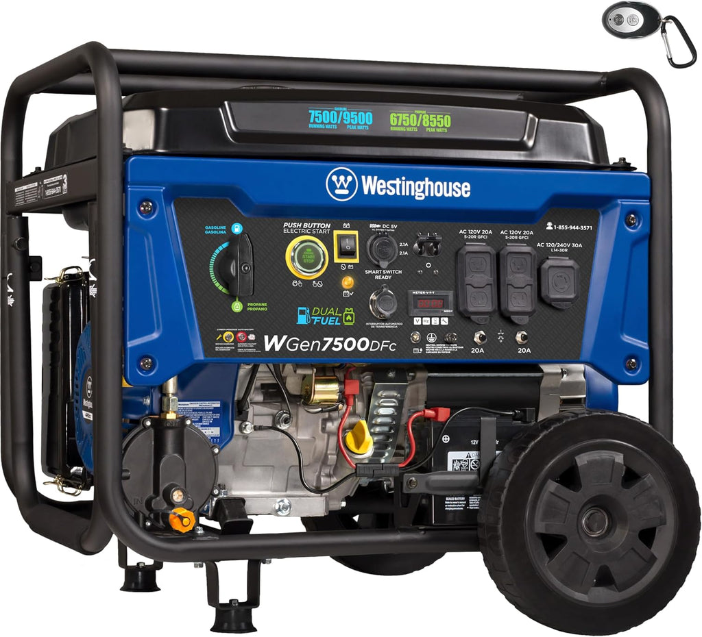 Westinghouse 9500 Peak Watt Dual Fuel Home Backup Portable Generator, Electric Start, Transfer Switch Ready, Gas & Propane Powered, CO Sensor