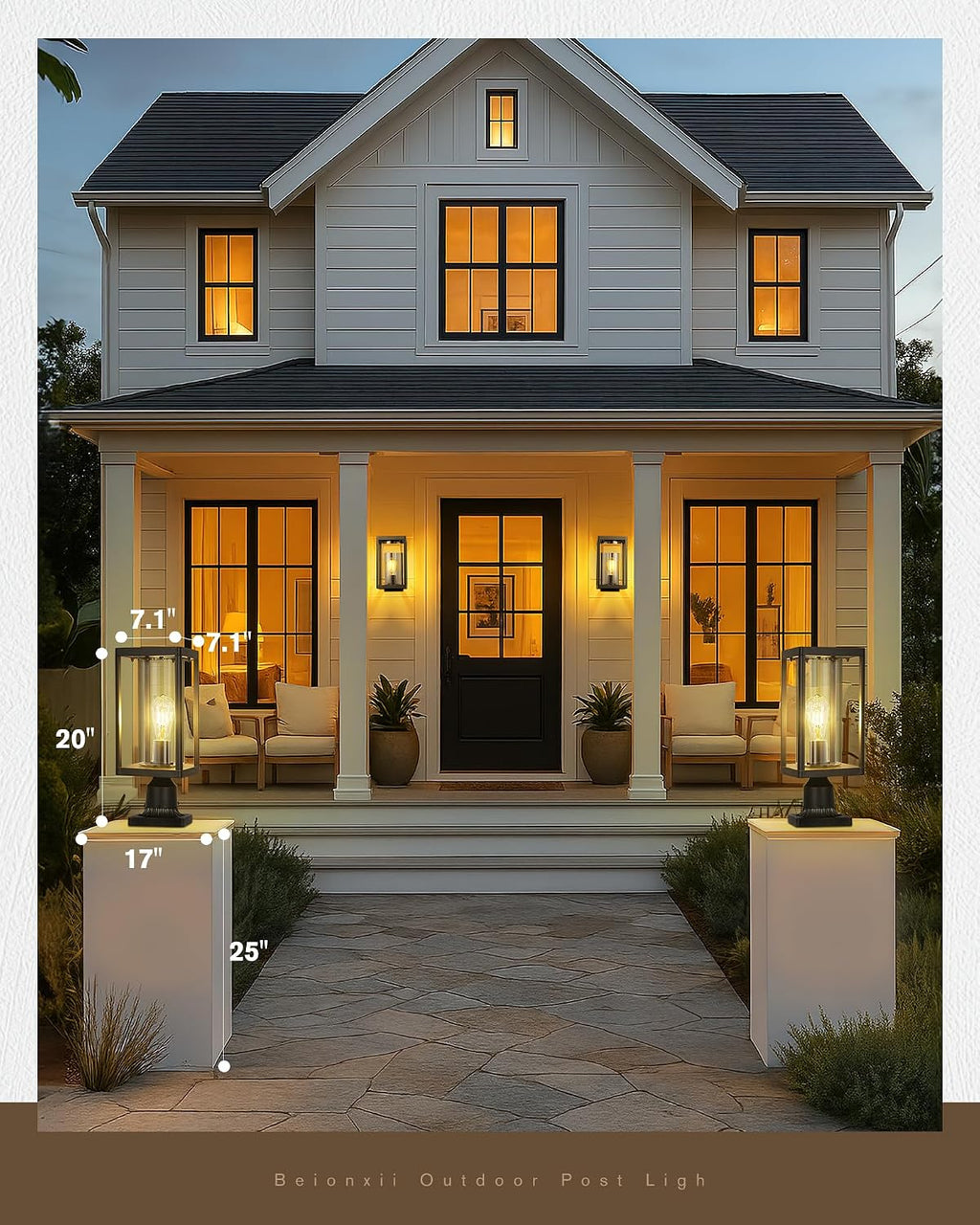 Beionxii Outdoor Post Lantern, 20inch Large Modern Lamp Post Light Fixture Exterior Pillar Lights with Pier Mount Base, Black Cast Aluminum w/Clear Cylinder Glass - A291P-2PK (NOT Solar, 110-120V AC)