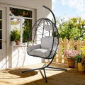Egg Chair with Stand, Wicker Hanging Chair for Outdoor Patio, Cushioned Hammock Swing for Bedroom Garden Indoor/Outdoor, Double-Zipper Structure Hanging Egg Chair (Black Frame and Light Gray)