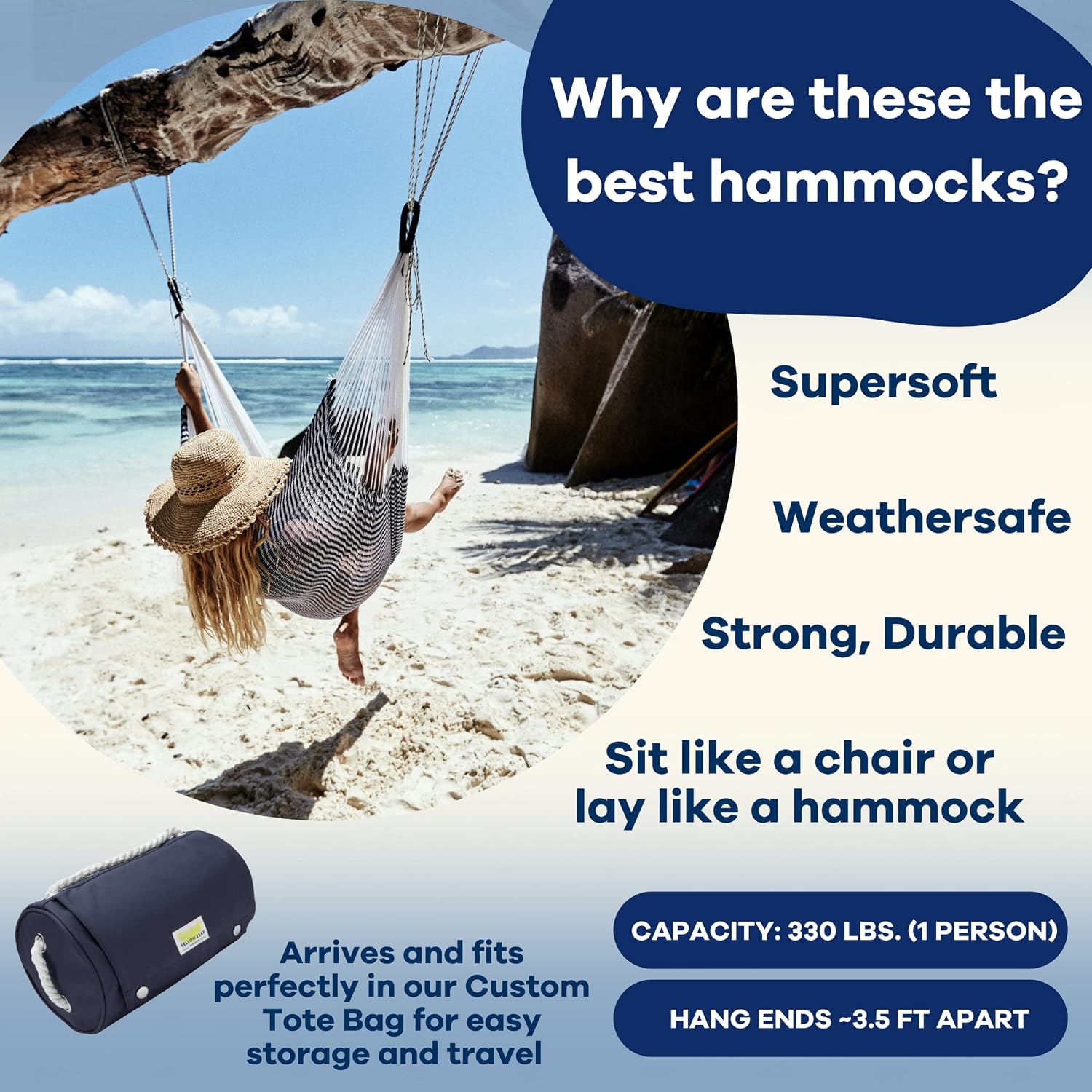 Handwoven Hanging Chair by Yellow Leaf Hammocks - Fits 1 Person, 330lb Max - Kick Back for Full-Body Recline - Weathersafe, Ultra Soft, Hang Anywhere - Color: Stripe Navy Blue - White