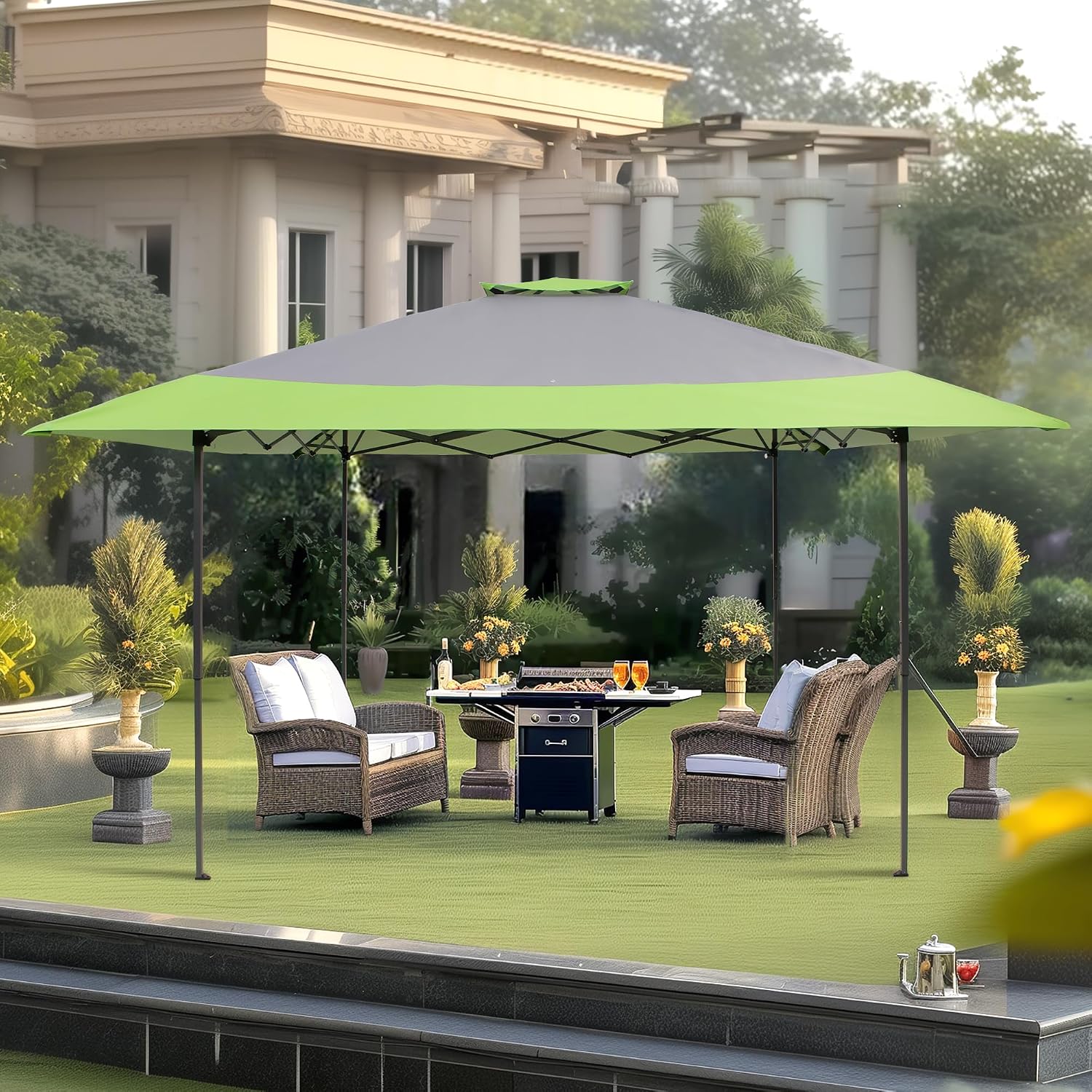 PHI VILLA Pop-Up Canopy Tent 13x13 Instant Shelter with Wheeled Bag, 150D Oxford Fabric, Green