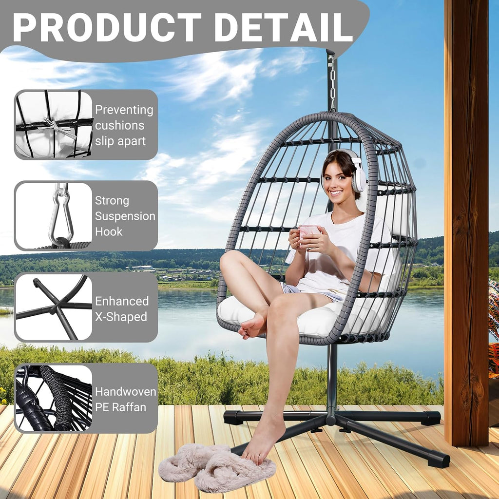 LEVELEVE Egg Chair with Stand,Patio Rattan Wicker Hanging Swing Egg Chair Hammock Chair for Bedroom Porch Garden,Thickened Aluminum Alloy Steel Frame and UV Resistant Cushion,350LBS Capacity