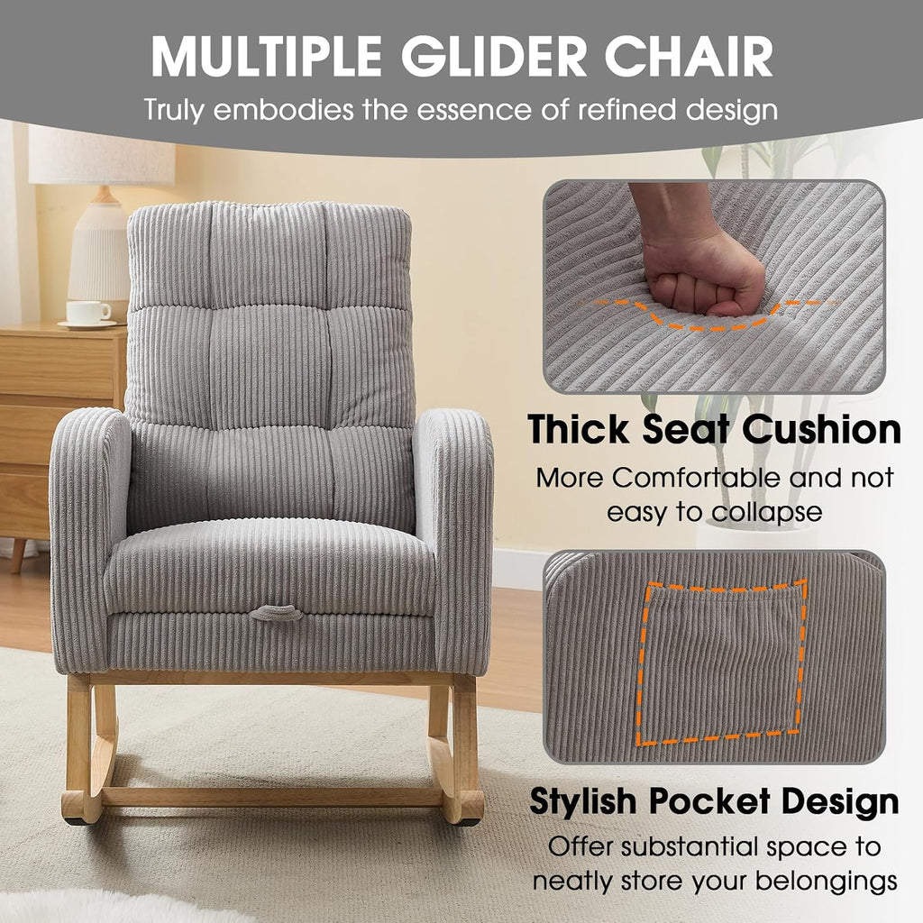 NIOIIKIT Nursery Rocking Chair, Corduroy Upholstered Rocking Chair with Adjustable Footrest, Tufted Rocker Chair with Side Pocket, Glider Rocker for Living Room, Bedroom (Gray Retro)
