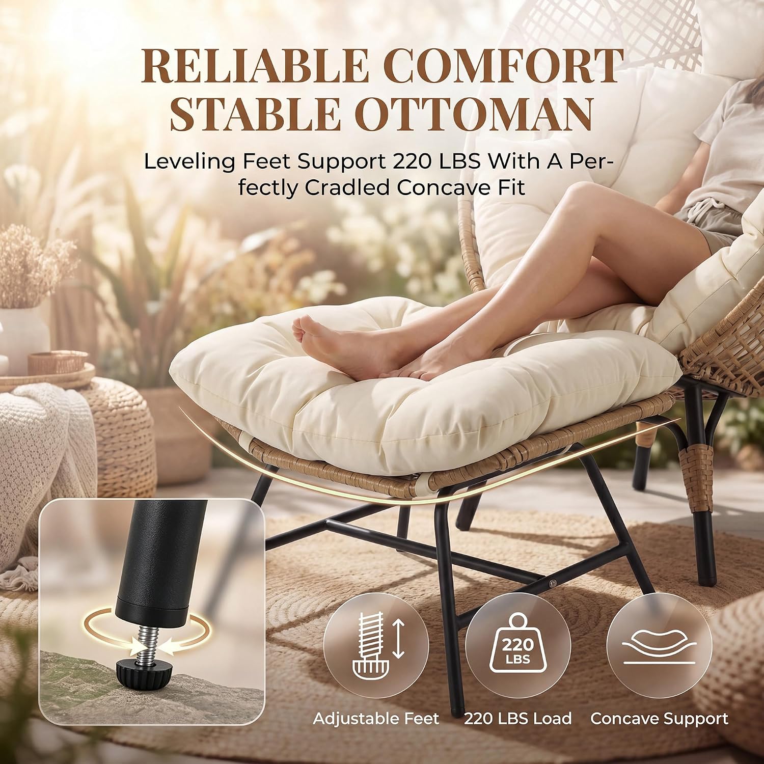 NICESOUL® Indoor Outdoor Egg Chair w/Ottoman, Huge Extra Large Eggshell Papasan Chair w/Cushion, Water & UV-Resistant Patio Lounge Chair w/Cover, Outside Reading Chair for Backyard, Porch, Beige