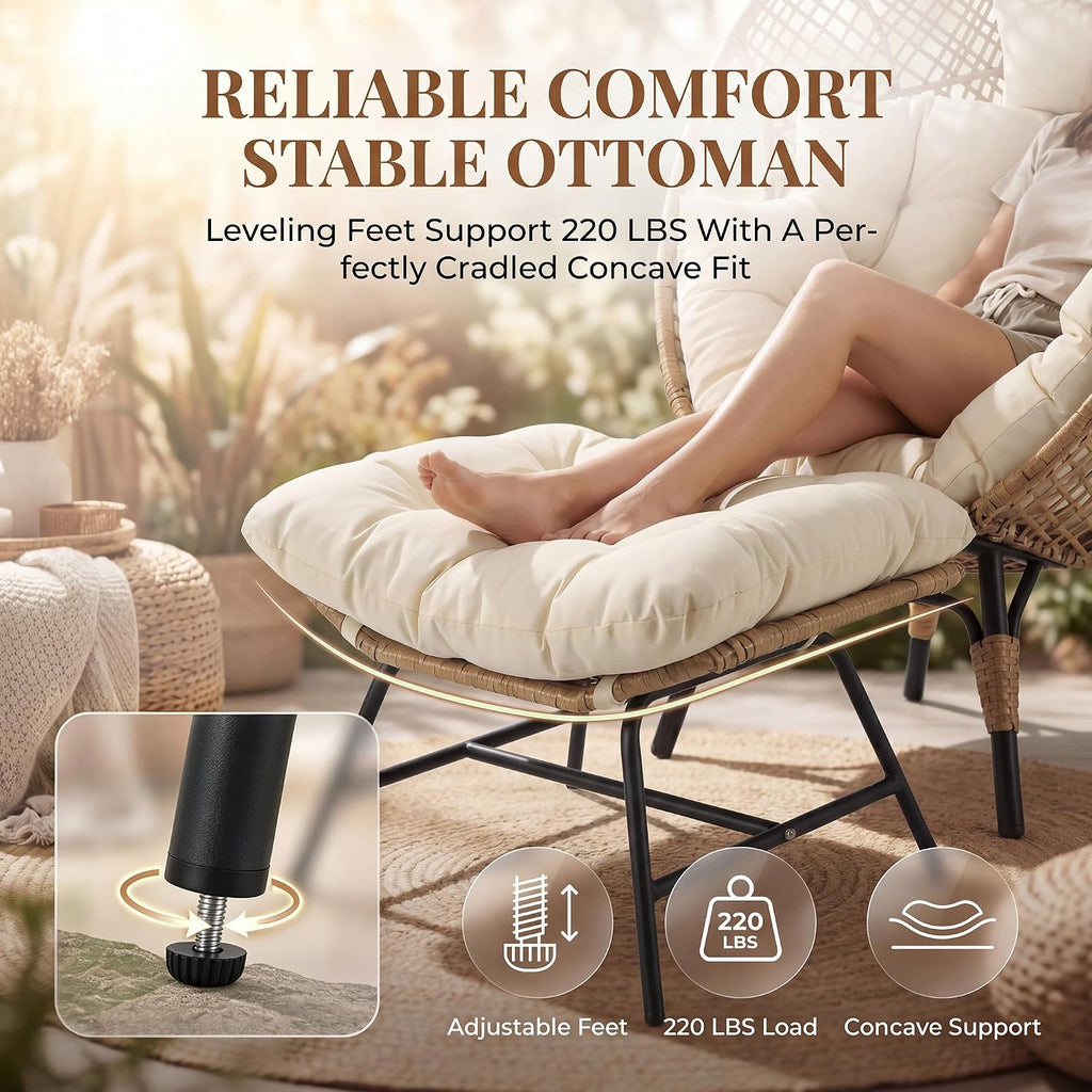 NICESOUL Wicker Egg Chair with Ottoman, Indoor Outdoor Egg Basket Lounge Chair w/Cushion, Oversized Egg Seat with Legs 440 Lbs, Comfy Cozy Boho Style Nest Chair w/Footrest for Patio, Balcony, Beige