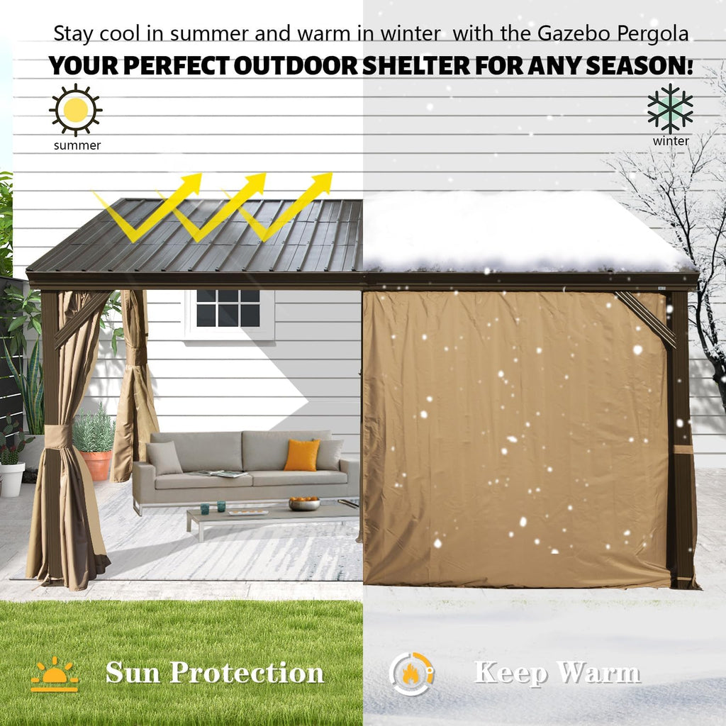 Domi 10x14FT Wall-Mounted Hardtop Gazebo, Aluminum Lean to Gazebo with Galvanized Steel Sloping Roof, Curtains & Netting for Outdoor Patio, Deck, Backyard, Garden Parties