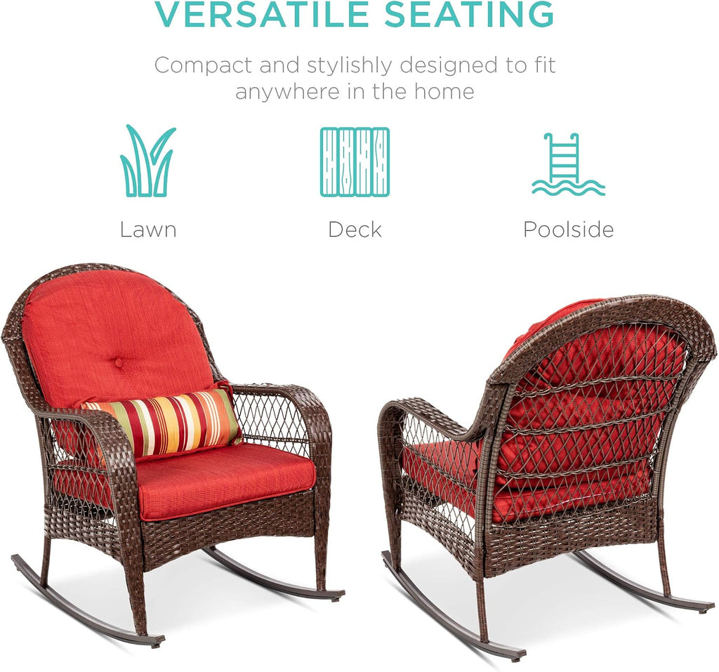 Best Choice Products Outdoor Wicker Patio Rocking Chair for Porch, Deck, Poolside w/Steel Frame, Weather-Resistant Cushions - Red