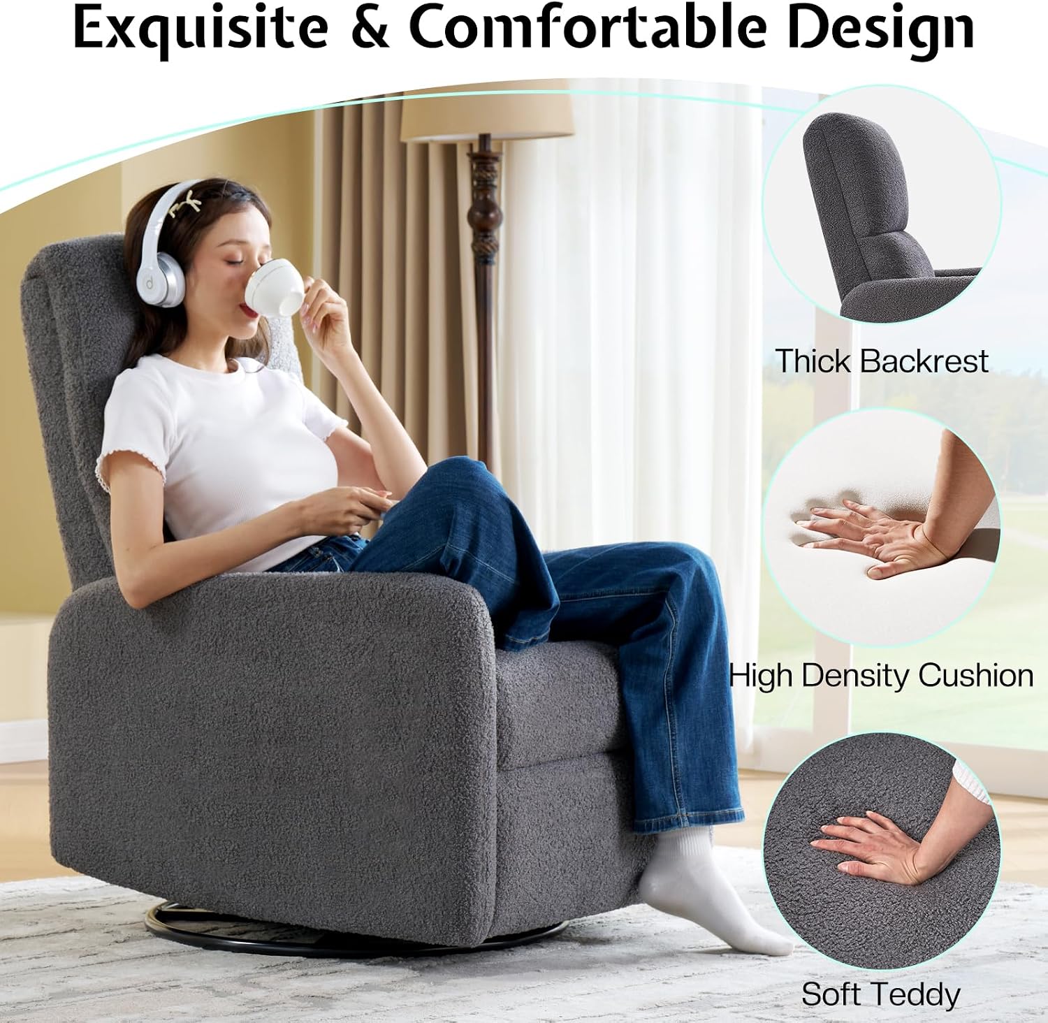 Jocisland Swivel Rocker Recliner Chair for Adults, Nursery Rocking Reclining with High Back, Small Glider for Small Spaces/Living Room/Bedroom/Nursing, Gray Teddy (No Side Pockets)