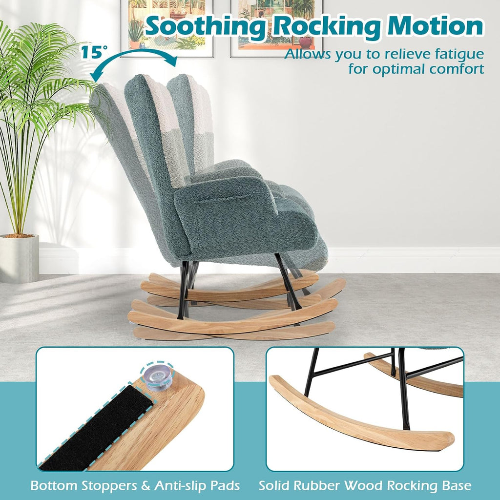Giantex Nursery Rocking Chair Set of 2, Boucle Upholstered Glider Rocker Accent Chair w/Ergonomic High Backrest, Rubber Wood Legs & Side Pocket, Modern Armchair for Living Room, Bedroom, Striped Green