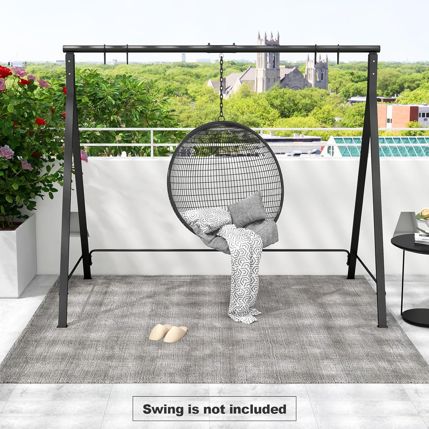 Tangkula Metal Swing Frame, Porch Swing Stand with Extra Side Bars, 5 Hanging Rings, Heavy Duty Swing Frame Outdoor for Swing, Hammock, A-Frame Swing Stand Frame Outdoor for Lawn, Garden, Backyard