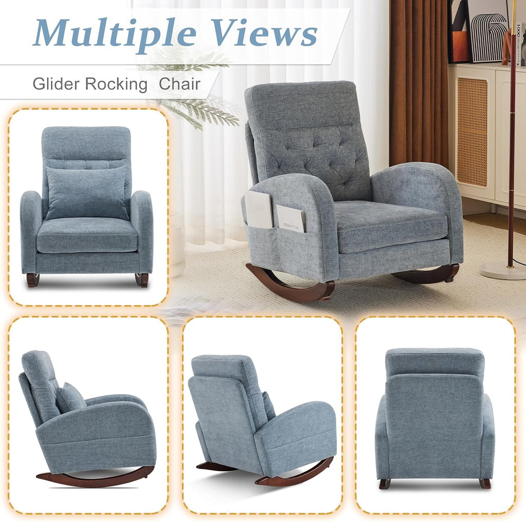 VINGLI Chenille Low Seat Nursery Rocking Chair,Upholstered Comfy Rocker Glider Chair with Side Pockets, Accent Arm Chair with High Backrest,Solid Wood Base for Living Room Bedroom Balcony,Blue