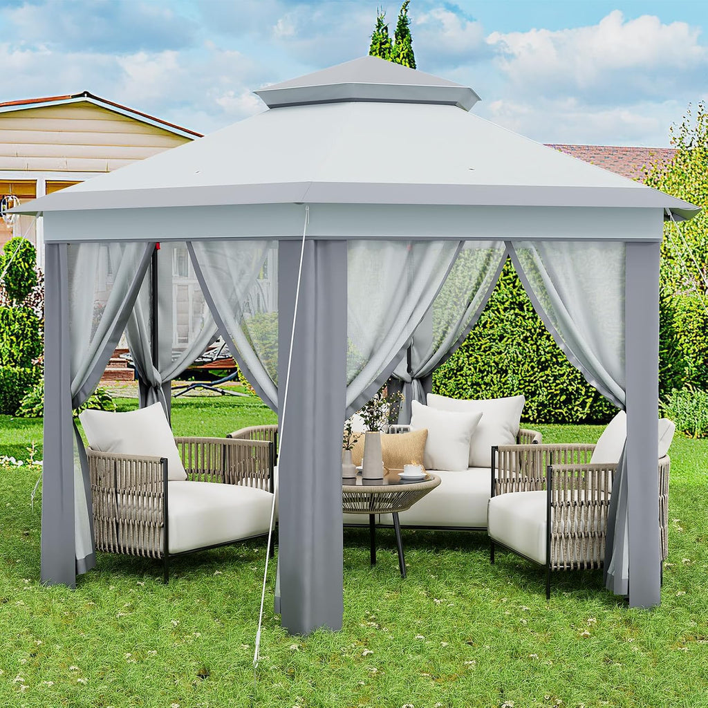 13'x13' Pop Up Gazebo with Mosquito Netting, Canopy Tent with Portable Carry Bag, Outdoor Gazebo for Backyard & Patio Furniture, Double-Layer Outdoor Pergola for Lawn, Garden, Light Grey