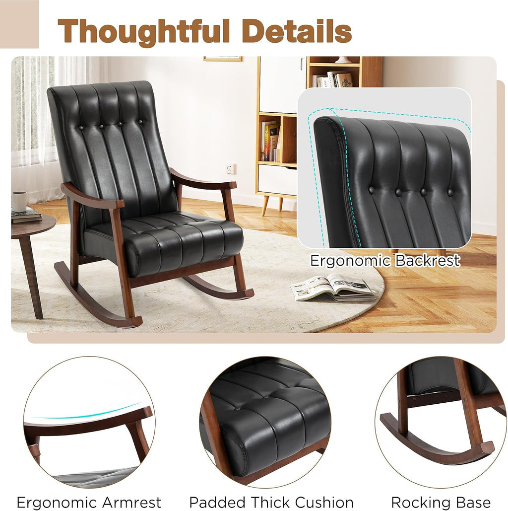 AVAWING Upholstered Rocking Chair with PU Leather Padded Seat,Comfortable Rocker Solid Wood for Living Room,Modern High Back Armchair,Adult Single Sofa,Old Man Chair (Black)