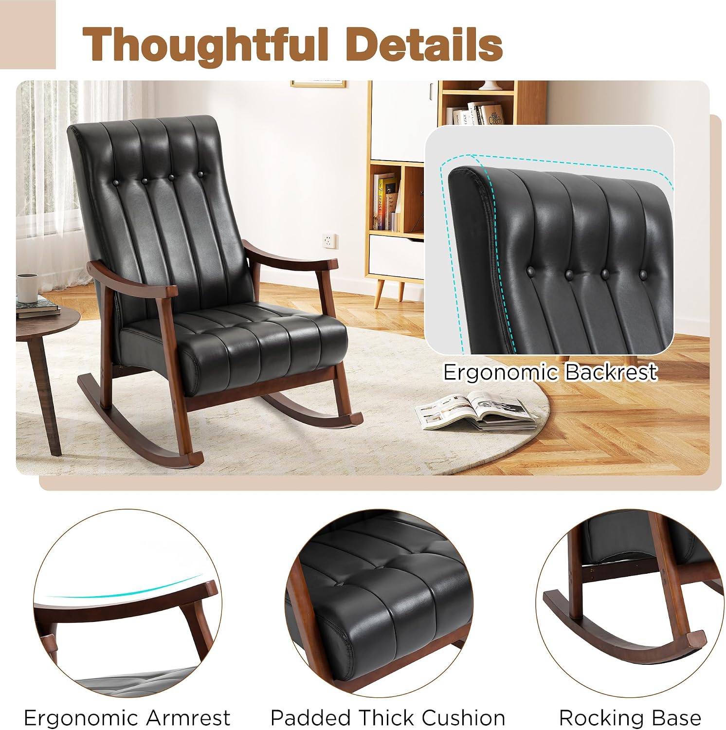 AVAWING Upholstered Rocking Chair with PU Leather Padded Seat,Comfortable Rocker Solid Wood for Living Room,Modern High Back Armchair,Adult Single Sofa,Old Man Chair (Black)