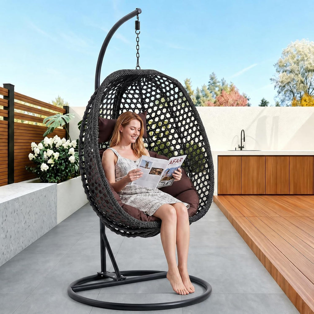 Egg Swing Chair Outdoor Indoor, Hanging Egg Chair with Stand, Black Wicker Swing Chair,UV Resistant Cushion 300 LBS Capacity for Porch,Patio,Garden, Bedroom, Balcony,Yard