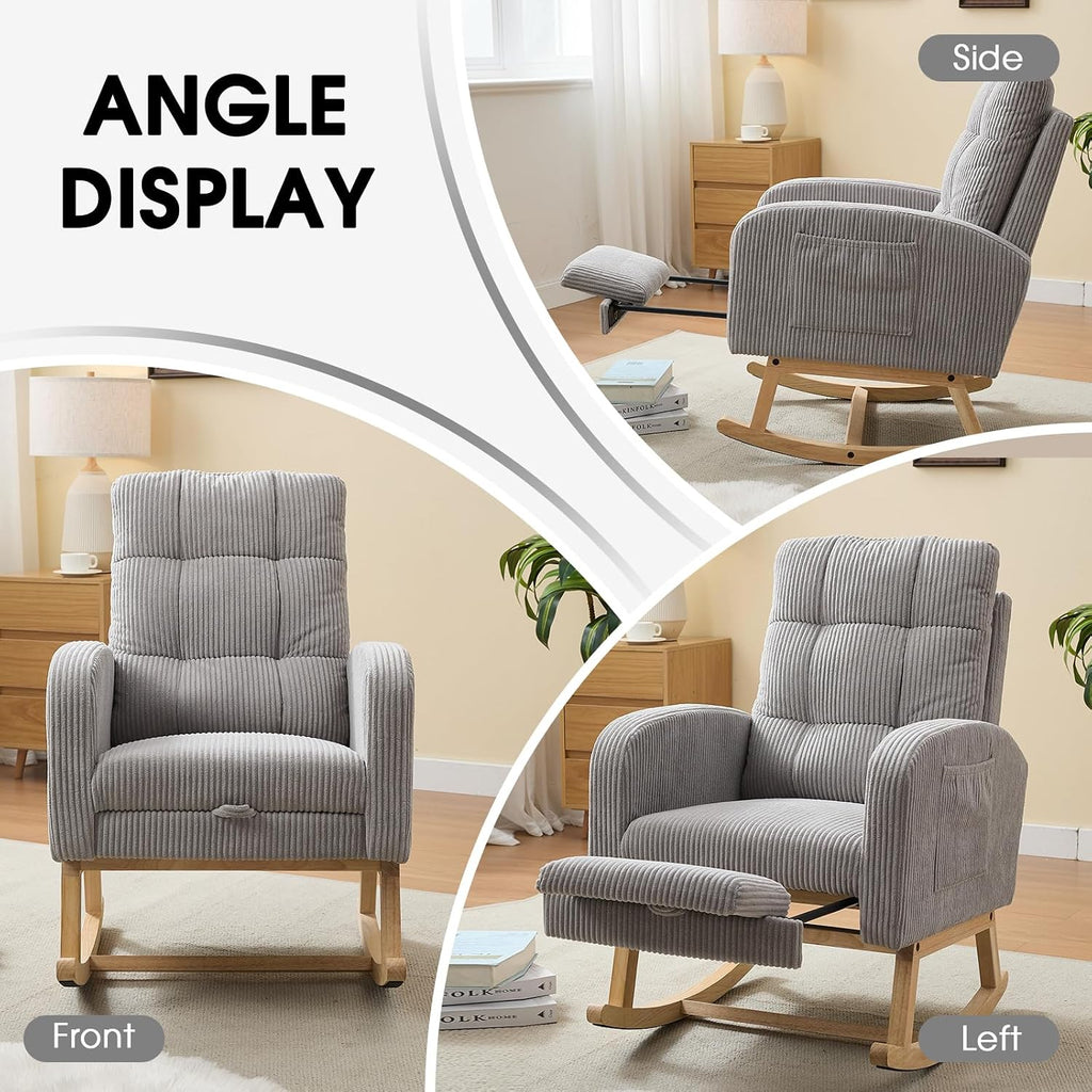 NIOIIKIT Nursery Rocking Chair, Corduroy Upholstered Rocking Chair with Adjustable Footrest, Tufted Rocker Chair with Side Pocket, Glider Rocker for Living Room, Bedroom (Gray Retro)
