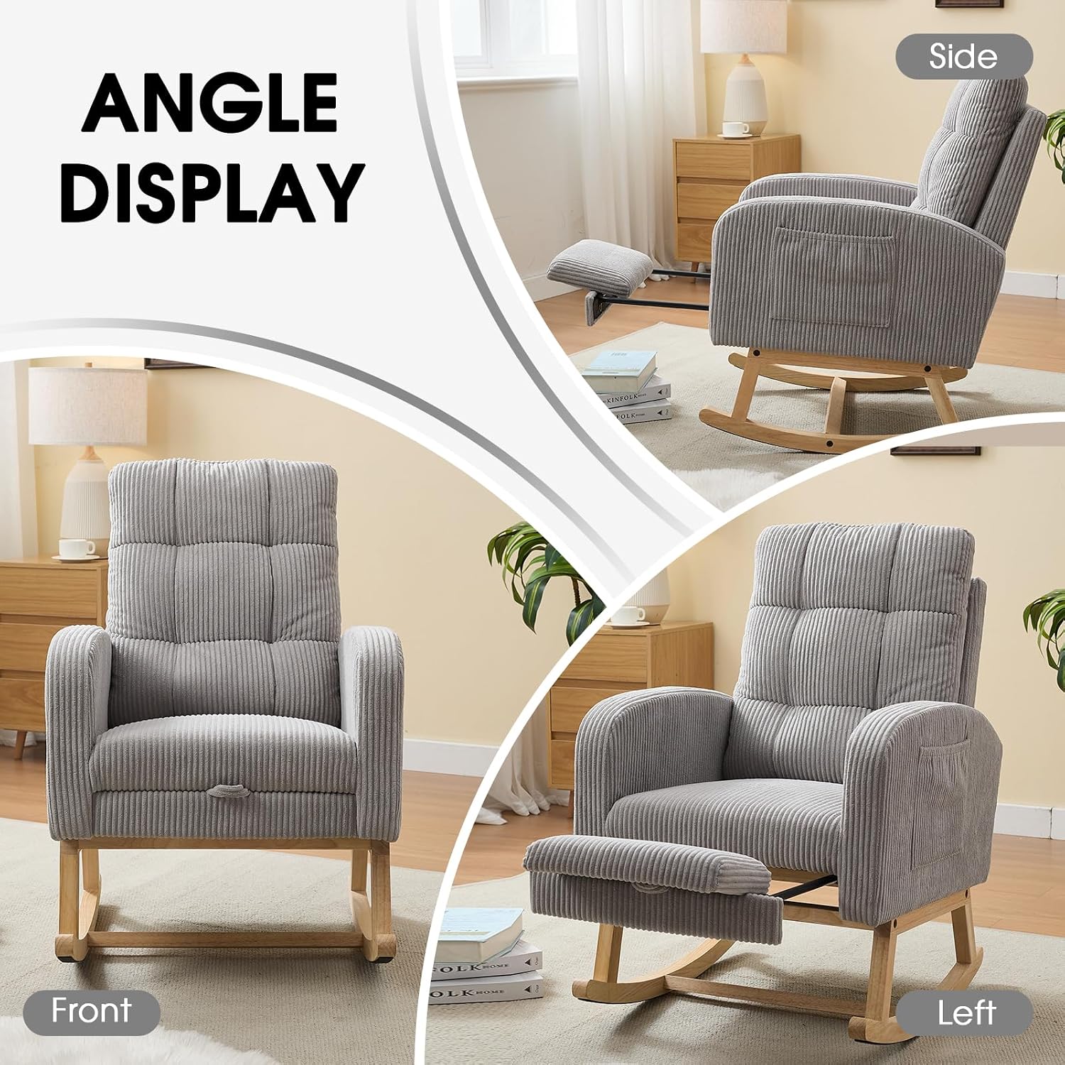 NIOIIKIT Nursery Rocking Chair, Corduroy Upholstered Rocking Chair with Adjustable Footrest, Tufted Rocker Chair with Side Pocket, Glider Rocker for Living Room, Bedroom (Gray Retro)