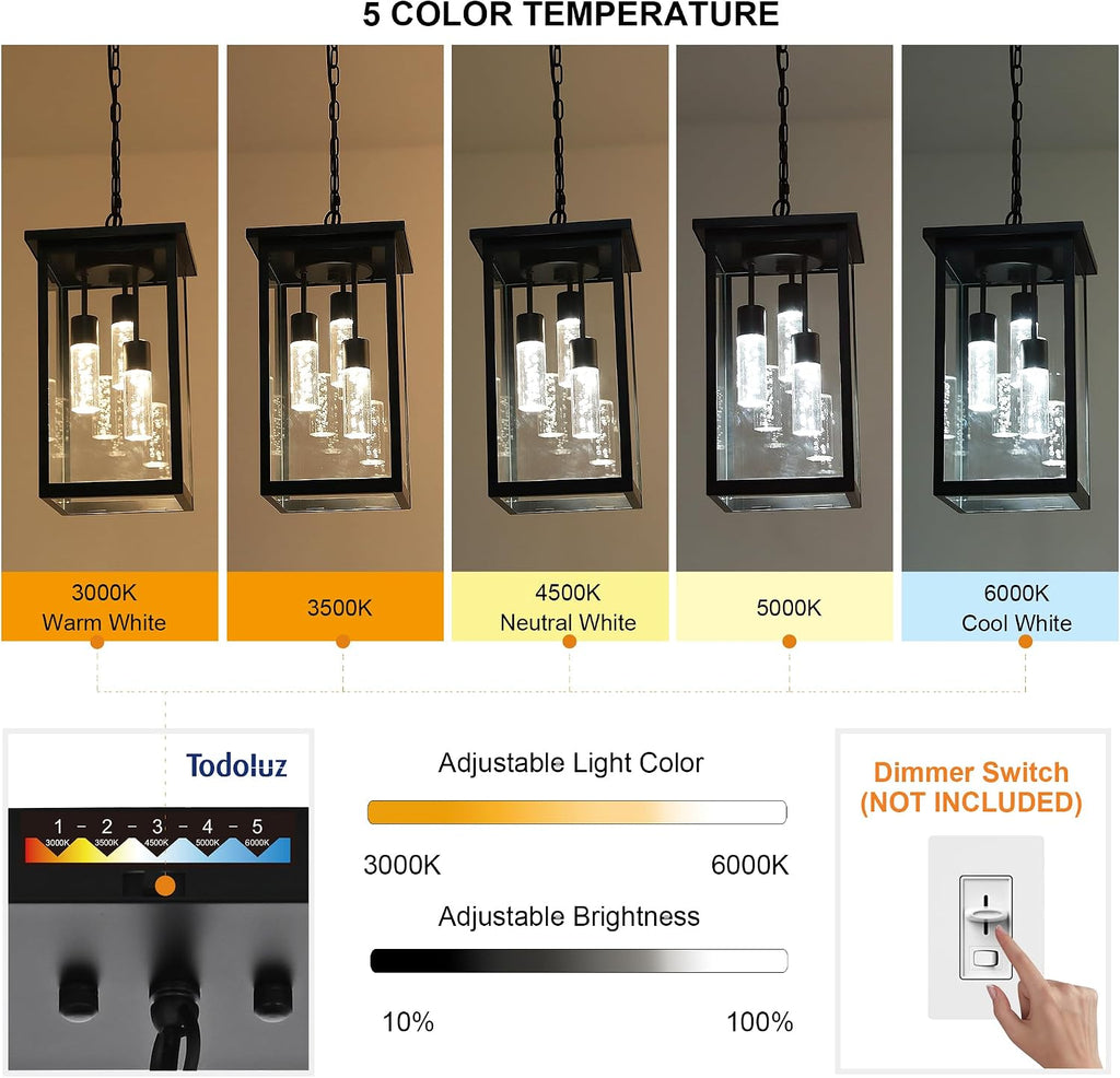 TODOLUZ 5CCT LED Large Outdoor Pendant Light Fixtures, LED Integrated Bulbs Included 3-Light Black Outdoor Hanging Lantern Light, Exterior Pendant Ceiling Lighting for Porch Yard Gazebo