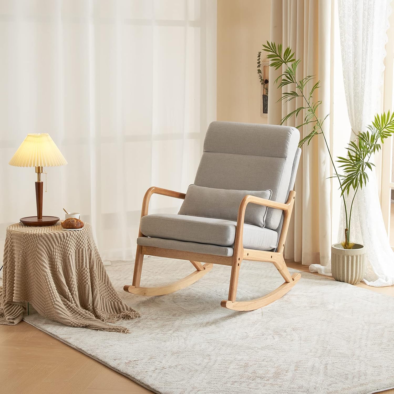 Karl home Nursery Rocking Chair Removable Glider Rocker High Backrest Rocking Armchair Mid-Century Accent Chair with Lumber Pillow for Bedroom, Living Room, Nursery, Light Gray