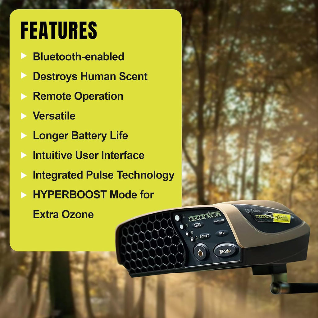 Ozonics HR500 Scent Eliminator with New Hyperboost Mode | Ozone Generator for Hunting with 4 Modes of Operation, Odor Eliminator with Bluetooth Connectivity - XL Battery & Smart Arm Mount Included