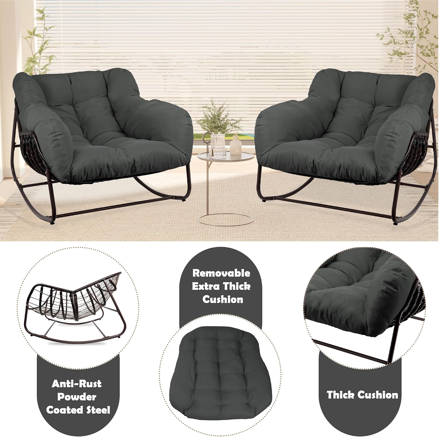 Papasan Rocking Chair Indoor & Outdoor, All Weather Wicker Papasan Patio Chair with Cushion & Pillow, Oversized Papasan Rocker Egg Chair for Bedroom, Garden, Patio - Grey.